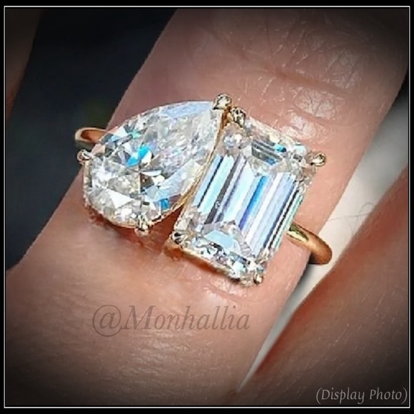 NEW 14k GOLD SIMULATED DIAMOND DOUBLE STONE PEAR & PRINCESS STATEMENT RING - Picture 5 of 7